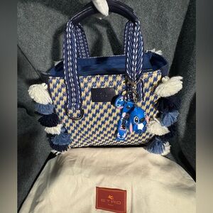 Etro *VERY RARE* NWT LIMITED EDITION Woven Tote with Blue & White Poms